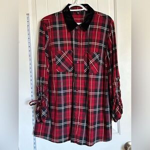 L- John Mark Red Plaid Long Sleeve Shirt/Tunic with velvet collar